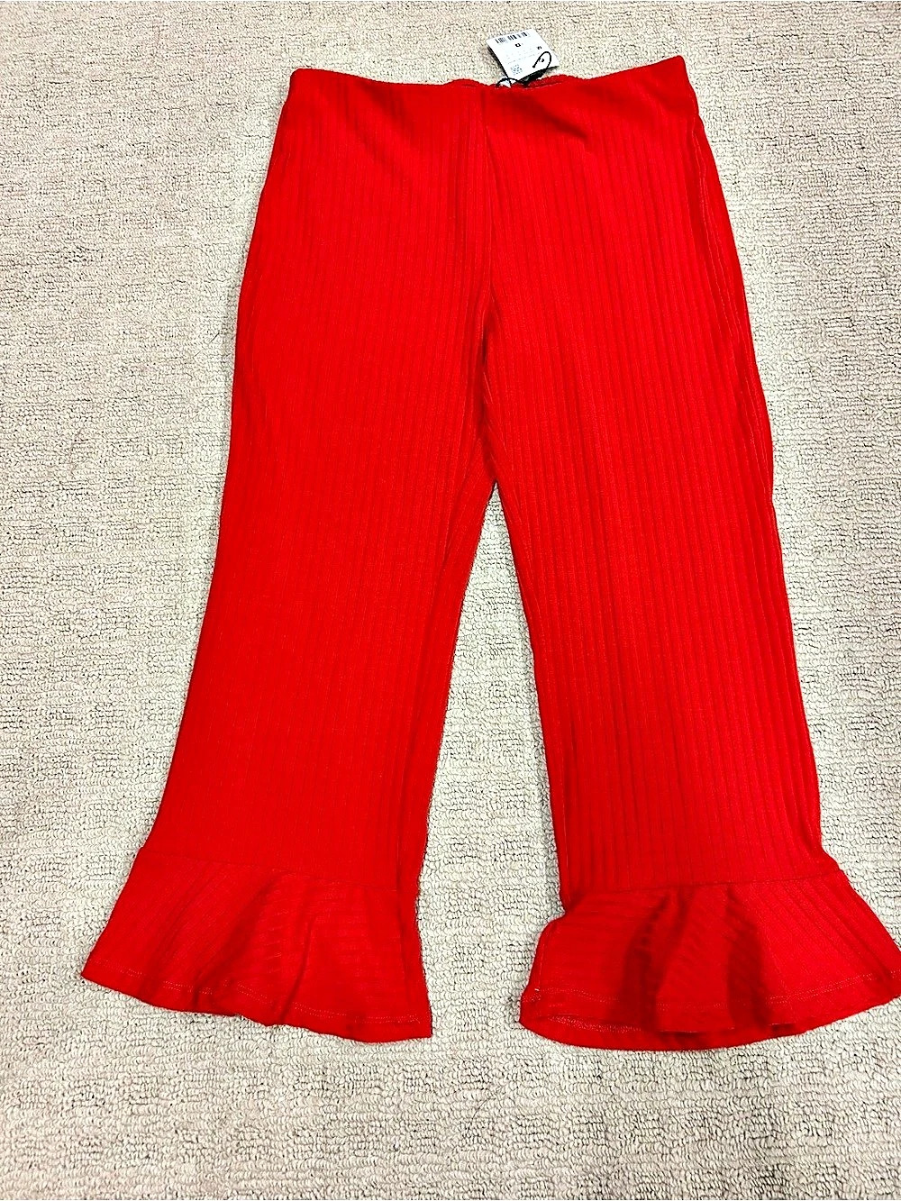 Zara Trafaluc Ribbed Flounce Hem Pants Red Medium